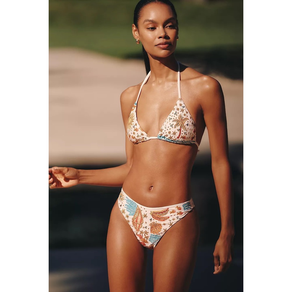 NEW Farm Rio x Anthropologie Beaded Bikini Bottoms Neutral Pattern Medium